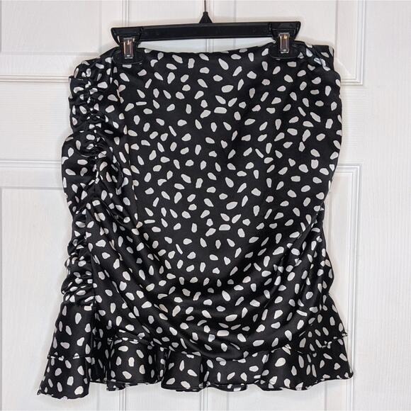 Leche Black & White Polka Dot Pattern Ruched Ruffle Trim Skirt L - Picture 5 of 15